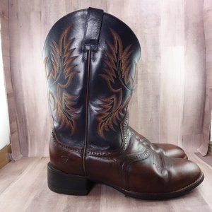 Ariat Cowboy Boots Mens 11EE Wide Heritage Stockman Brown Dark Blue Leather